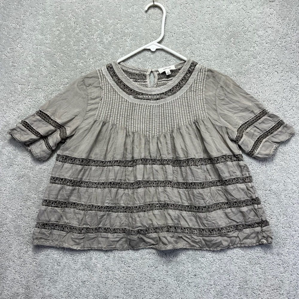 Wilfred Aritzia Beaudry Blouse Womens XXS Grey Lace Pintuck Boho Top Modal